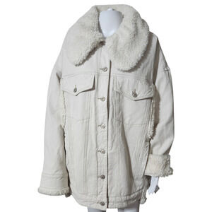 We the Free People Holly Cozy Denim Sherpa Jacket Ecru Oversize Sz L NEW $298